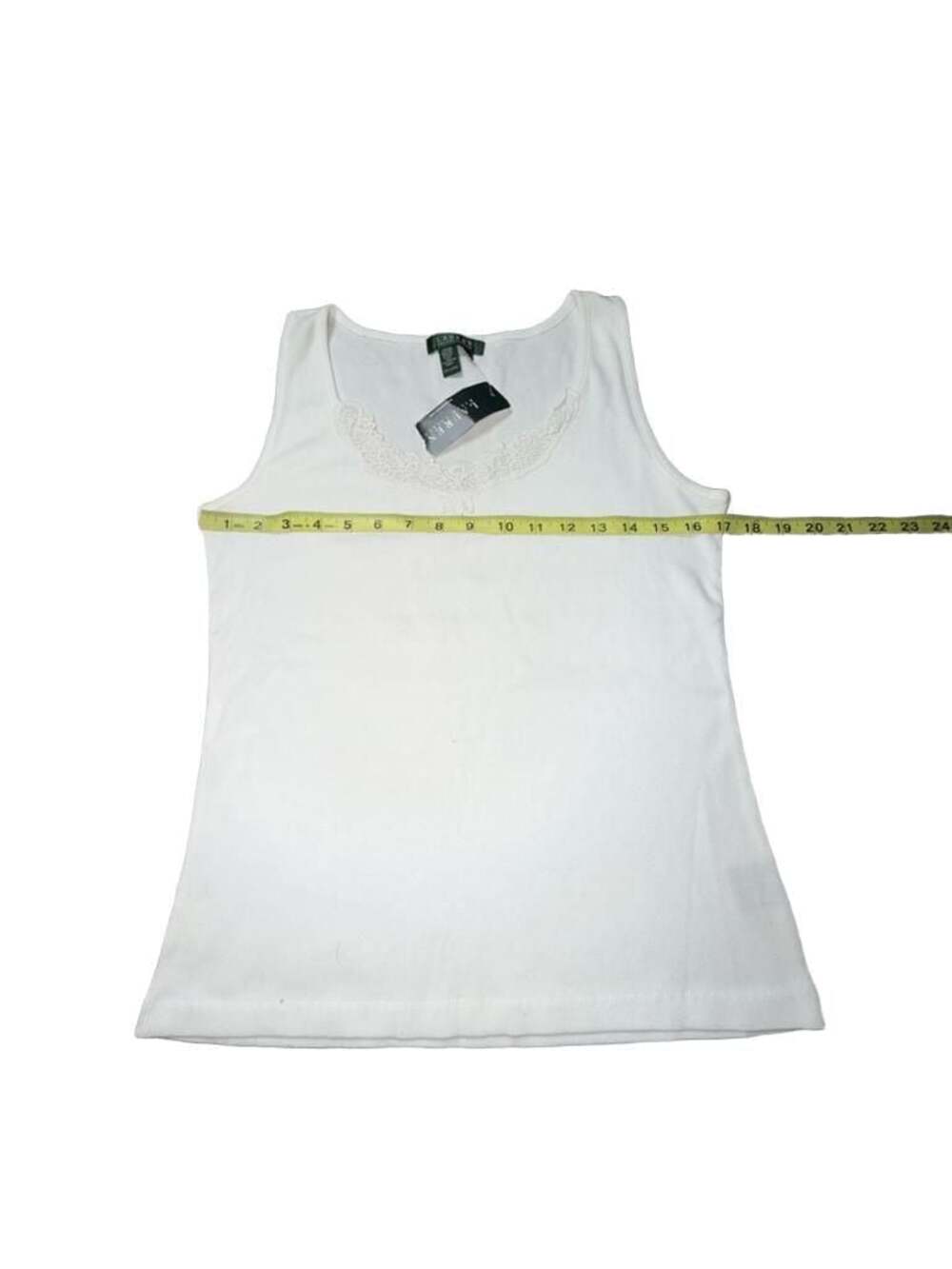 Lauren Ralph Lauren Women's White Ribbed Tank Top with Lace Trim - Picture 2 of 7